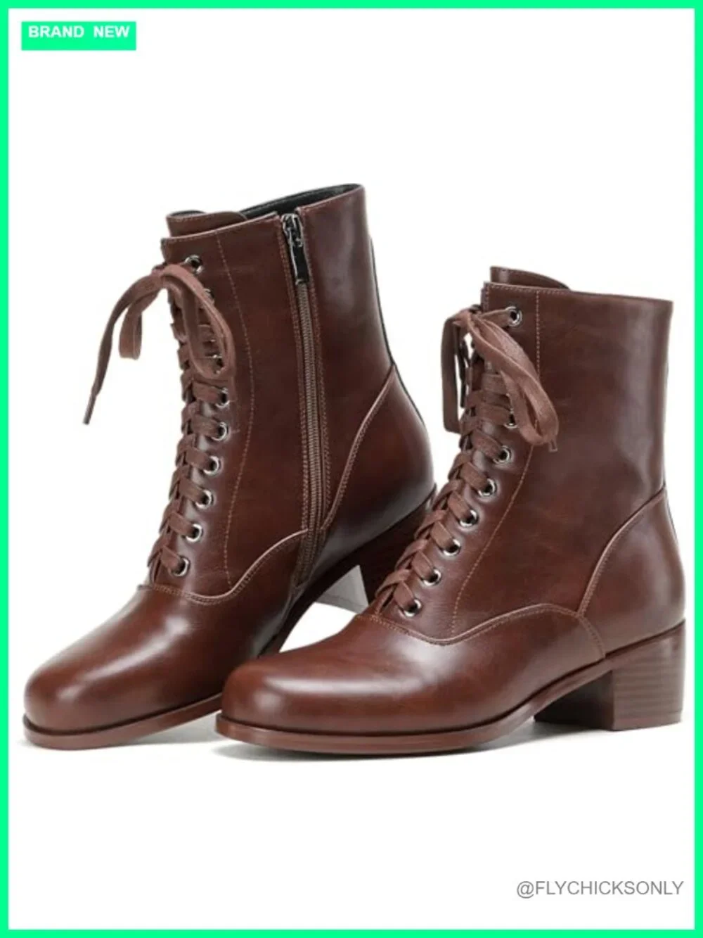 Victorian Lace Up Ankle Booties Faux Leather Chunky Heel Side Zip